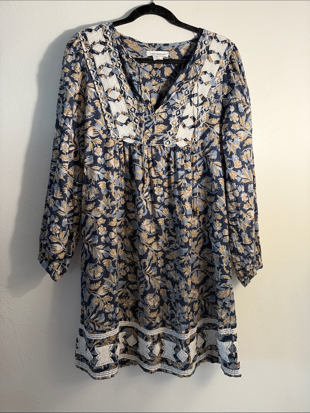 Lucky Brand Navy and Cream Floral Long-Sleeve Tunic Dress